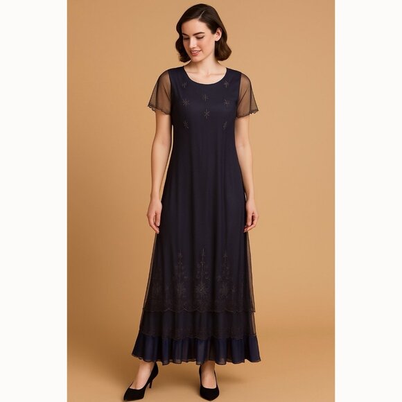 April Cornell Dresses & Skirts - April Cornell Women’s Medium Blue Beaded Mesh Maxi Dress Luxury Holiday Evening